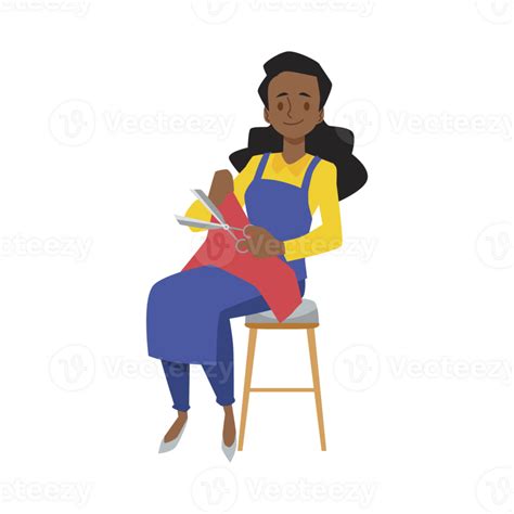 Indian Woman Sitting Cutting Fabric With Scissors Dark Skinned Female Sewing Fabric Seamstress