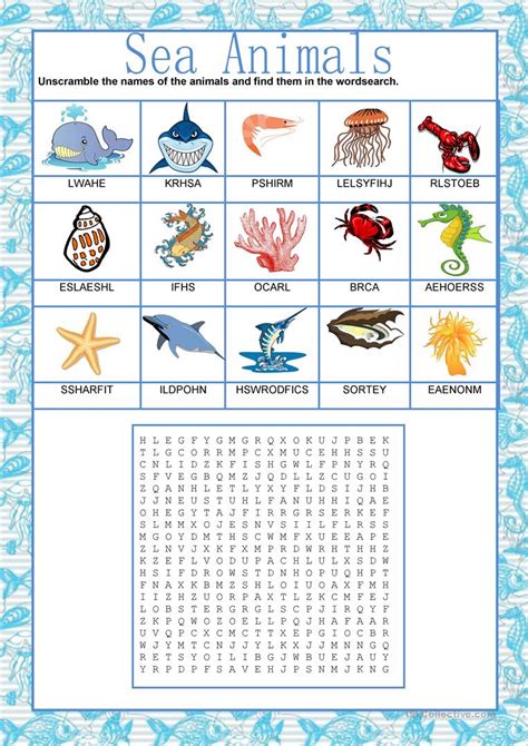 Sea Animals Wordsearch Esl Worksheetineta Word Search Printable