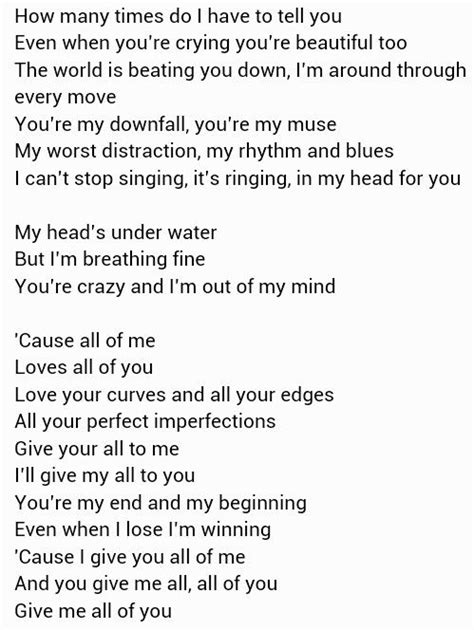 Think of me, think of me waking, silent and resigned. All of Me ~ John Legend | Rhythm and blues, Told you so ...