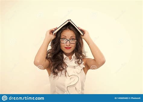 Woman With Long Hair White Blouse Hold Book As Roof Teacher With