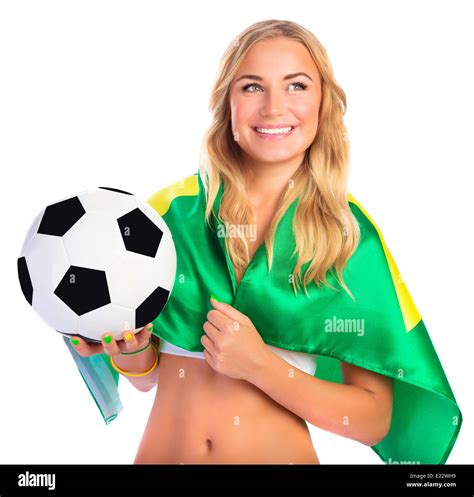 Portrait Of Happy Football Fan Isolated On White Background Attractive Female Holding In Hand