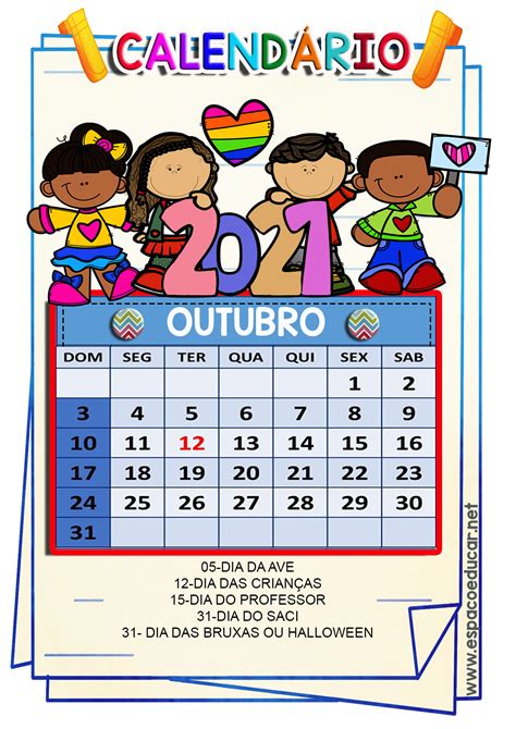 CalendÁrio De Outubro 2021 GrÁtis Para Imprimir Com Todas As Datas