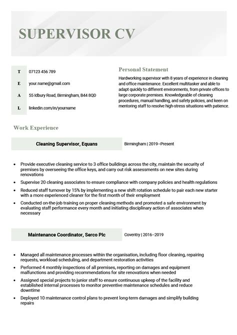 Supervisor Cv Example And Template Free Download