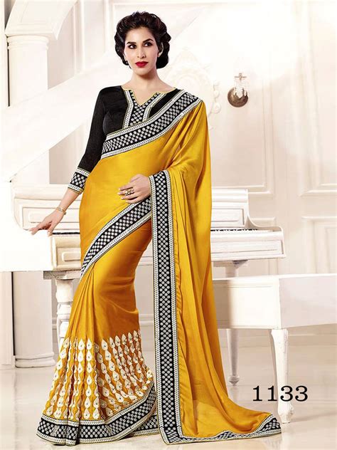 Yellow Embroidered Georgette Saree With Blouse Angel Fashion 1240517