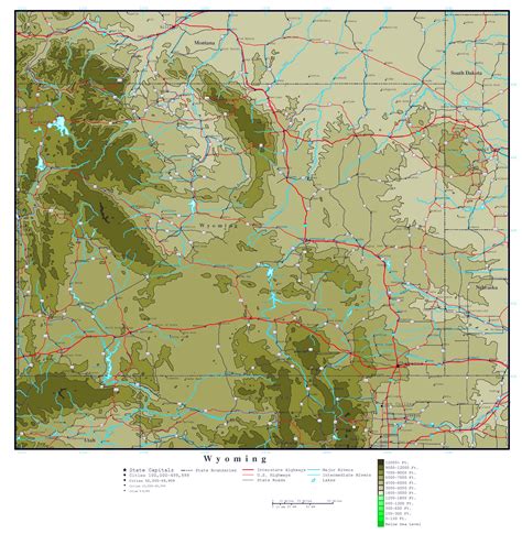 Large Detailed Elevation Map Of Wyoming State With Roads Highways And