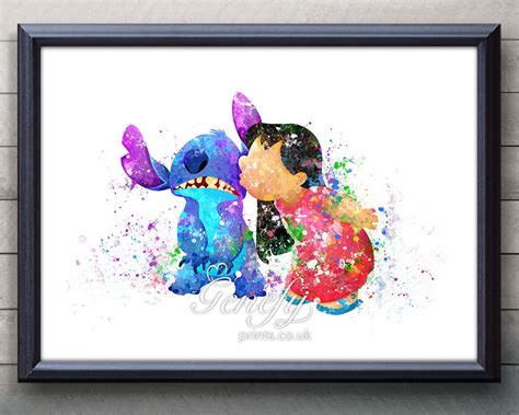 Disney Lilo And Stitch Watercolor Painting Art Poster Print Wall Decor