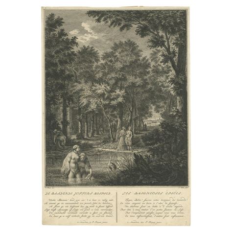 Antique Print Of Several Bathing Women Spied By Men Hiding In The