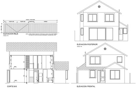 Front And Back Elevation And Main Sectional Details Of House Cad