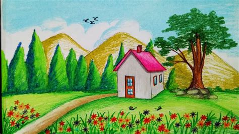 Places, which are situated in the north. How to draw Spring season scenery with oil pastel.Step by ...