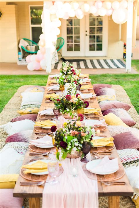 Colorful Long Outdoor Table With Pillow Seating Boho Garden Party