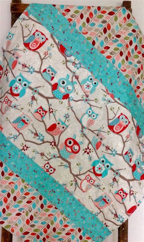 Baby Girl Quilt Modern Nested Owls On Branches Coral Aqua Etsy Baby