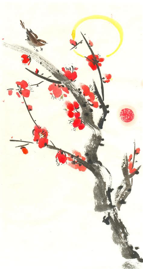 Sumie branch with flowers | Peinture chinoise, Peinture à l'encre, Peinture