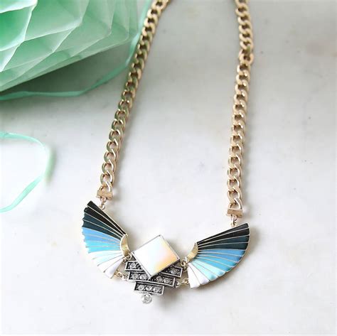Aquamarine Enamel Fan Necklace By Red Lilly