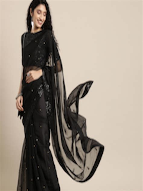 Buy Inddus Black Embroidered Organza Saree Sarees For Women 12631328 Myntra