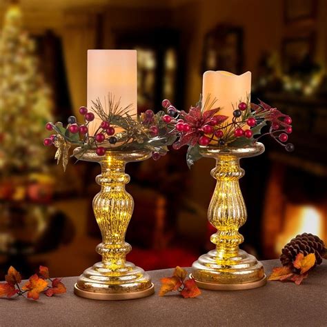 Mercury Glass Table Decor Accents Set Of 2 8 5 Lit Pillar Candle Holder With Timer For Home