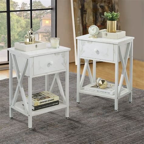 Vecelo Sets Of 2x Design Nightstand With Drawer And Storage Shelf