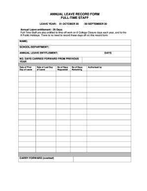 I used this table for testing the calculation of the annual leave of each staff have. Employee Leave Record Format In Excel - Fill Online, Printable, Fillable, Blank | PDFfiller