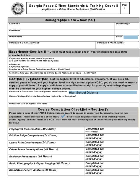 Georgia United States Application Crime Scene Technician Certification Fill Out Sign