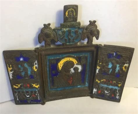 Antique Russian Bronze Enamel Triptych Traveling Icon Tikhvinskaya Mother Of God 30399 Picclick