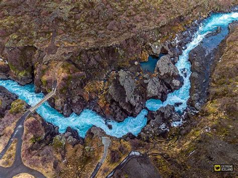 Barnafossar From Aerial View Iceland Waterfalls Aerial View Aerial