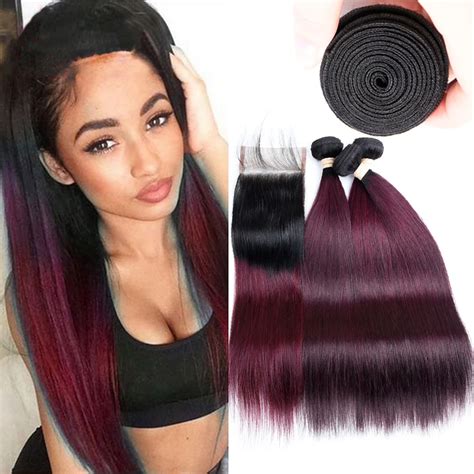 Beaudiva Pre Colored Straight Human Hair With Lace Closure 4 4 Tb 99j Ombre Color Brazilian Hair