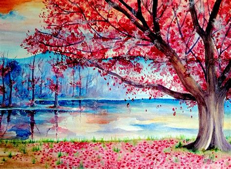 Cherry Blossom Tree Watercolor Painting