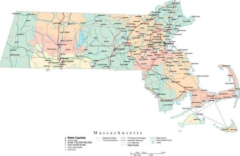 Massachusetts Digital Vector Map With Counties Major Cities Roads