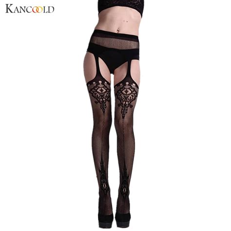 Sexy Womens Lingerie Black Elastic Lace Top Garter Belt Thigh Mesh Stockings Female Thin Net