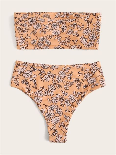 Floral Print Bandeau High Waisted Bikini Swimsuit Shein Usa