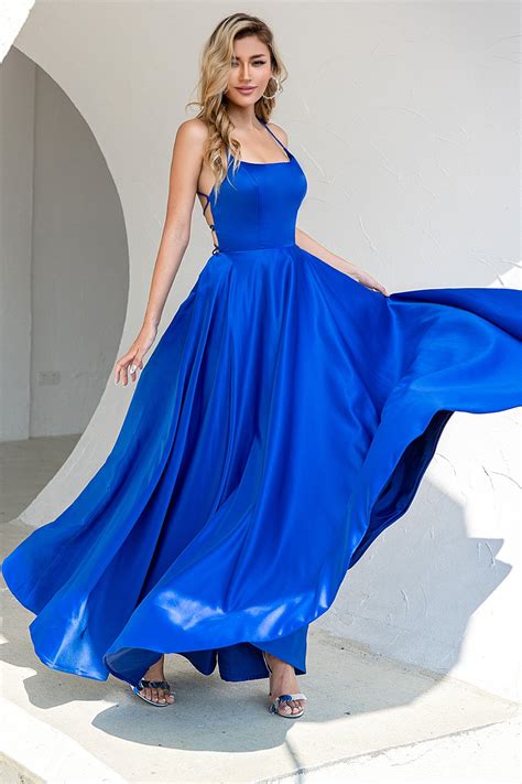 Zapaka Women Prom Dress Royal Blue Backless Satin Spaghetti Straps Formal Dress With Slit
