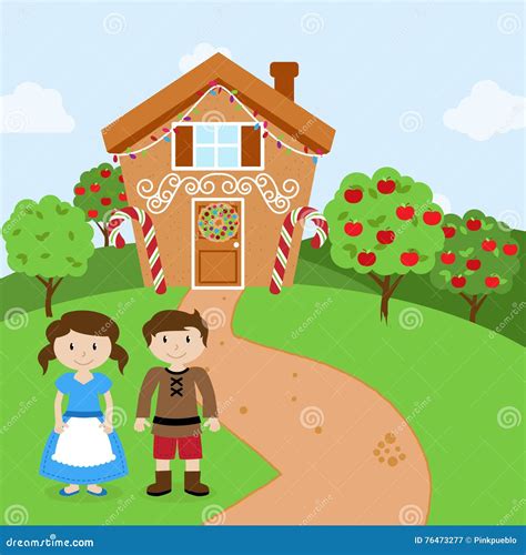 Vector Set Of Hansel And Gretel In Front Of Fairytale Gingerbread House