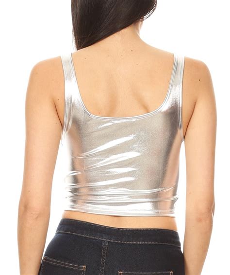 sakkas women s stretchy sleeveless liquid metallic club crop tank top