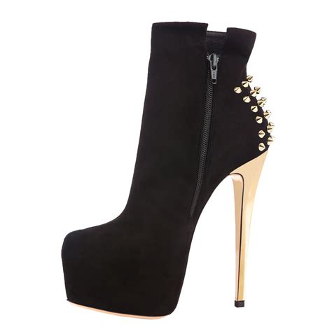 black suede platform golden rivet stiletto high heel ankle boots onlymaker