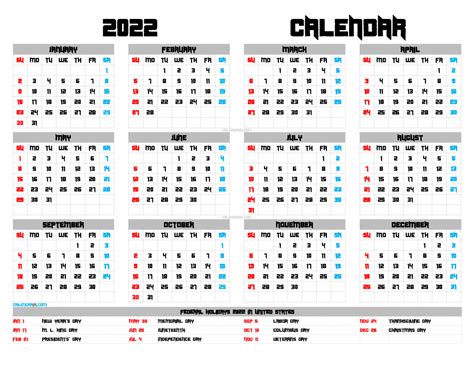New 2022 Calendar With Holidays Printable Photos Elwfsd Plant