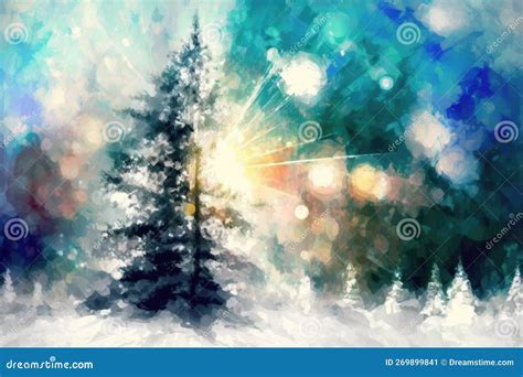 Abstract Winter Wonderland Christmas Tree With Sunlight Streaming In
