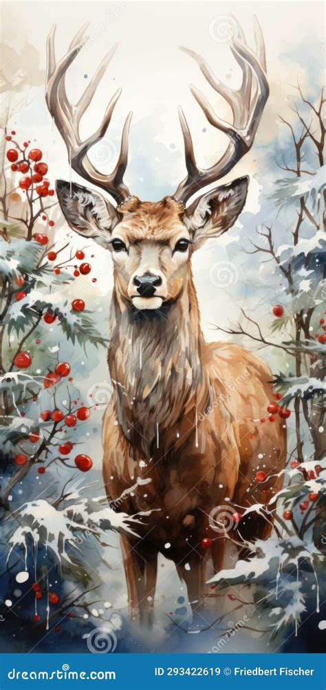 A Painting Of A Deer In A Snowy Forest Stock Illustration