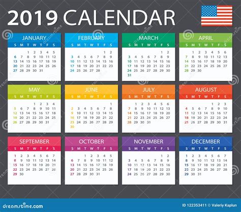 Calendar 2019 American Version Stock Illustration Illustration Of