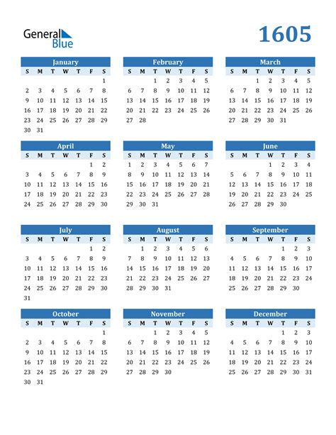 1605 Calendar Pdf Word Excel