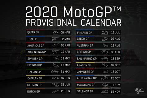 Berikut ini jadwal resmi beserta jam tayang motogp yg dirilis dorna motogp yang meliputi balapan di eropa asia dan australia. MotoGP 2020 Calendar - Effetti Designs - The Motorsport ...