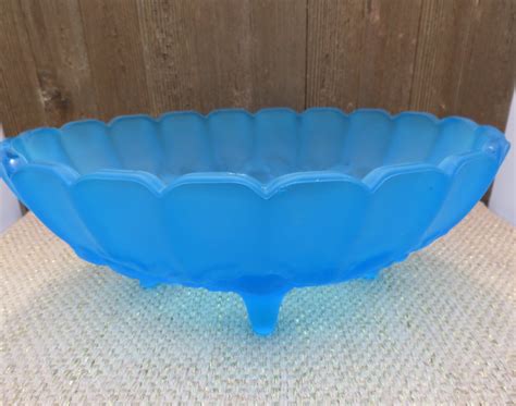 Fruit Bowl Footed Indiana Blue Satin Frosted Glass Embossed Etsy