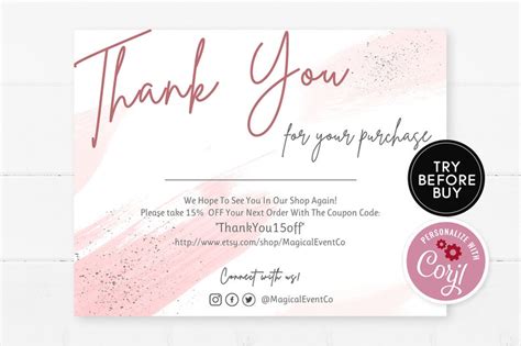 Pink Thank You For Your Purchase Cards Template Small Etsy