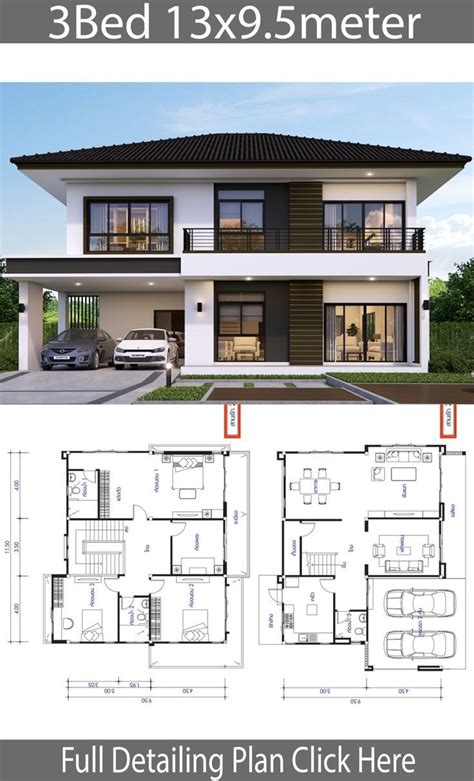 House Design Plan 13×95m With 3 Bedrooms Decor