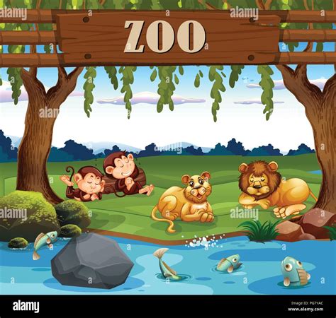 Monkey And Lion In The Zoo Illustration Stock Vector Image And Art Alamy