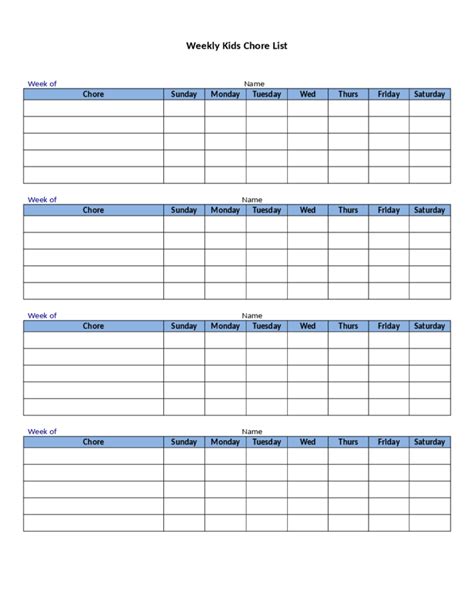 Blank Weekly Kids Chore List Chart Free Download