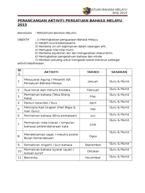 Program mukhayyam explorace bahasa arab tingkatan 2 negeri selangor. Perancangan Aktiviti Persatuan Bahasa Melayu 2015