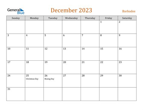 Barbados December 2023 Calendar With Holidays