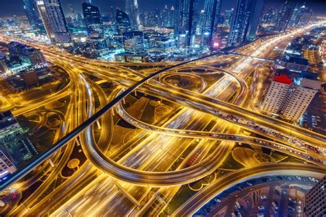 Aerial View Of Big Highway Interchange With Traffic In Dubai Uae At