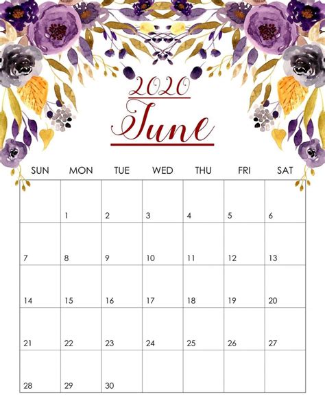 Floral June 2020 Calendar Template Calendar Printables Printable Images