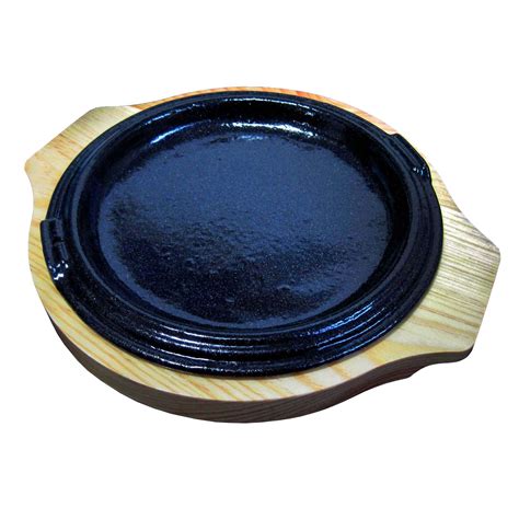 Small Round Cast Iron Steak Plate With Heat Proof Wood Tray Hot Metal