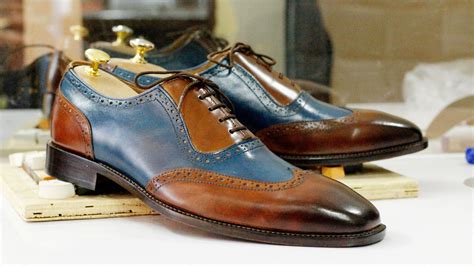 Bespoke Handmade Brown And Blue Leather Wing Tip Shoes Oxfords Etsy